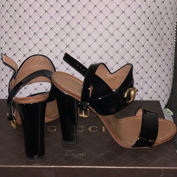 Gucci Shoes - Gucci Black Patent Leather Block-Heel Sandals with Gold Hardware